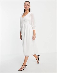 Белое платье миди из ткани добби с присборенной юбкой и гофрированными манжетами Asos design