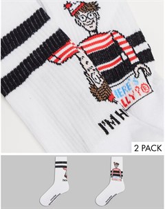 Набор из 2 пар белых носков с принтом Where s Wally и логотипом Asos design