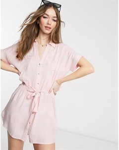 Розовое пляжное платье рубашка мини с вышивкой River island