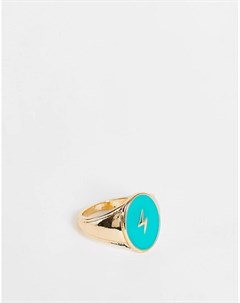 Золотистое кольцо печатка с голубой отделкой с молнией ASOS DESIGN Accessorize