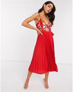 Красное плиссированное платье миди с вышивкой Asos design