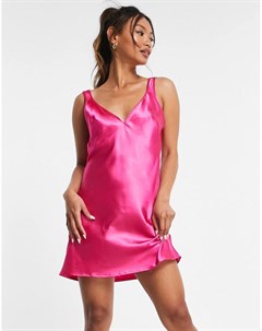 Ярко розовое атласное платье комбинация мини Flounce london
