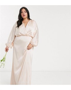 Нежно розовое сатиновое платье макси с длинными рукавами Bridesmaid Tfnc plus