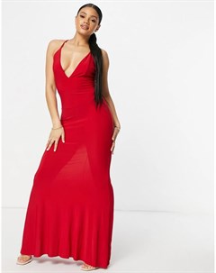 Красное платье макси с глубоким вырезом перекрестными лямками на спине и юбкой годе Club l london