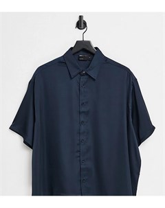 Темно синяя атласная рубашка свободного кроя с рукавами до локтя Asos design