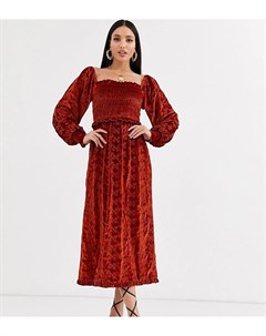 Бархатное присборенное платье миди рыжего цвета с вышивкой ришелье ASOS DESIGN Tall Asos tall