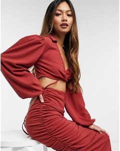 Присборенное платье рубашка миди рыжего цвета с вырезом и ремешками Asos design