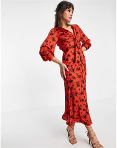 Красное атласное платье миди с завязкой спереди пуговицами и цветочным принтом Asos design