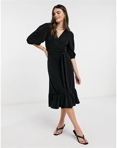 Черное блестящее платье миди с пышными рукавами Scarlet Y.a.s