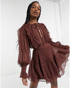 Платье мини шоколадного цвета с кружевными вставками рюшами и декоративной завязкой Asos design