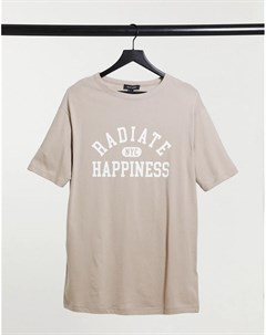 Светло коричневая футболка бойфренда в университетском стиле с надписью Radiate Happiness New look