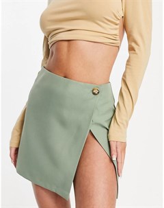 Шалфейно зеленая юбка мини с запахом и высоким разрезом Asos design