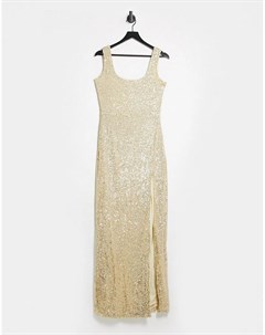 Светло золотистое платье макси с пайетками и разрезом на бедре Club l london