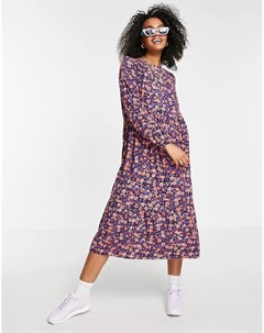 Фиолетовое платье миди с присборенной юбкой и мелким цветочным принтом Pieces