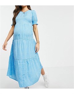 Синее многоярусное присборенное платье миди в горошек Influence maternity