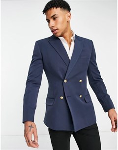 Двубортный пиджак зауженного кроя темно синего цвета Wedding Asos design