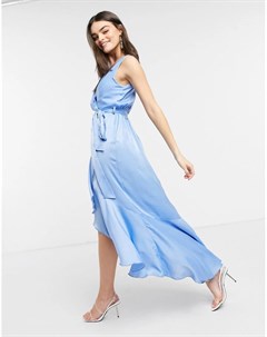 Атласное платье мидакси с запахом нежно голубого цвета Flounce london