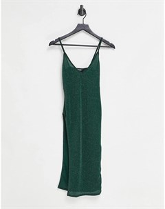 Изумрудно зеленое платье миди на бретельках из блестящей ткани с глубоким вырезом и высоким разрезом Fashionkilla