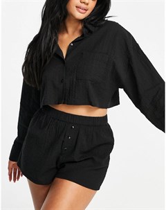 Черный пижамный комплект из рубашки и шорт из ткани добби Topshop