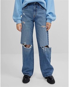 Рваные выбеленные синие джинсы в стиле 90 х Bershka