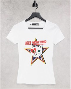Белая футболка с принтом логотипа и кошки Love moschino