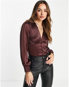 Темно коричневая атласная блузка на пуговицах Flounce london