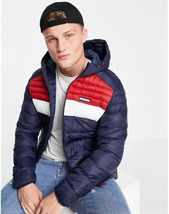 Пуховик в стиле колор блок темно синего красного цвета с капюшоном Essentials Jack & jones