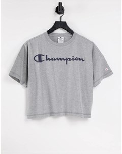 Серая укороченная футболка свободного кроя с крупным логотипом Champion