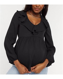 Черная блузка с баской и оборкой на горловине New look maternity