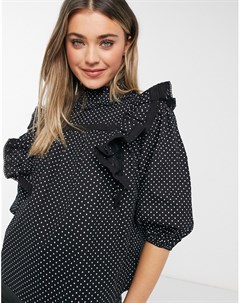 Черная блузка в горошек с высоким воротником и оборками Influence