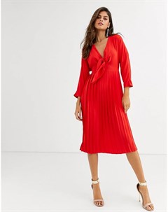 Красное платье миди с плиссированной юбкой и завязкой Asos design