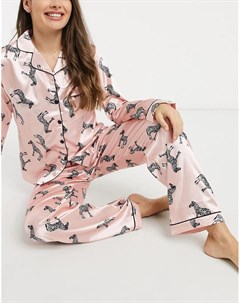 Атласный пижамный комплект из штанов и топа с длинными рукавами светло розового цвета с принтом зебр Night