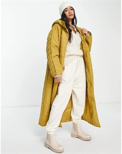 Удлиненная стеганая куртка цвета охры с капюшоном Asos edition