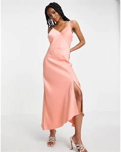 Атласное асимметричное платье комбинация миди розового цвета River island