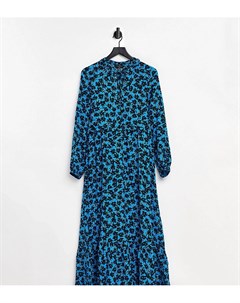 Синее свободное платье с цветочным принтом завязкой на воротнике и оборками New look tall
