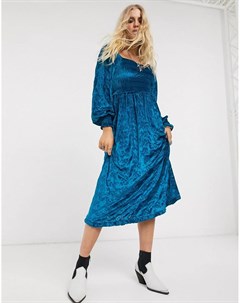 Синее бархатное платье миди с вышивкой и сборками Asos design