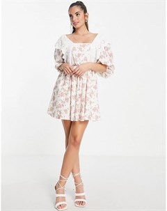 Эксклюзивное свободное платье мини с отделкой на груди и розовым цветочным принтом x Lorna Luxe In the style