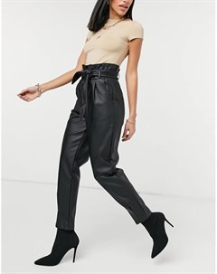 Черные брюки из искусственной кожи с завязками на талии и складками Asos design