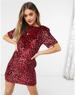 Красное бархатное платье футболка мини с подплечниками короткими рукавами и леопардовым принтом Asos design