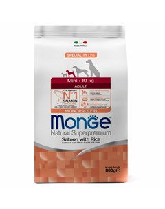 Dog Speciality Line Monoprotein Mini полнорационный сухой корм для собак мелких пород с лососем и ри Monge