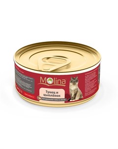 Влажный корм для взрослых кошек с тунцом и цыпленком в желе в консервах 80 г Molina