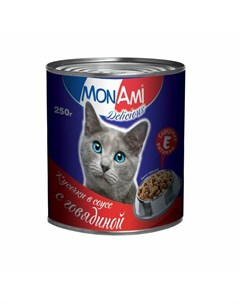 Влажный корм для кошек с говядиной кусочки в соусе в консервах 250 г Монами