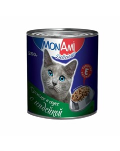 Влажный корм для кошек с индейкой кусочки в соусе в консервах 250 г Монами