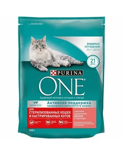 Sterilised сухой корм для стерилизованных кошек и кастрированных котов с лососем и пшеницей 200 г Purina one