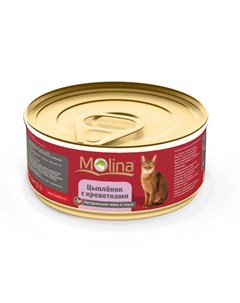 Влажный корм для взрослых кошек с цыпленком и креветками в соусе в консервах 80 г Molina