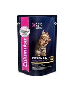 Kitten Healthy Start полнорационный влажный корм для котят с курицей кусочки в соусе в паучах 85 г Eukanuba