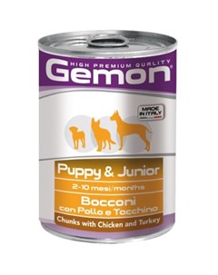 Dog полнорационный влажный корм для щенков с курицей и индейкой кусочки в желе в консервах 415 г Gemon