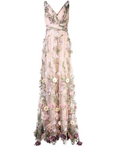 Вечернее платье с цветочной аппликацией и V образным вырезом Marchesa notte