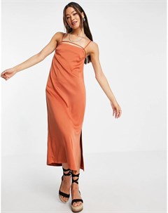 Рыжее атласное платье комбинация миди с ремешками спереди Topshop