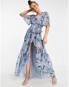 Голубое платье макси на запахе с расклешенными рукавами и цветочным принтом Hope & ivy